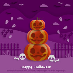 Happy Halloween party in paper art style with pumpkins. greeting card, posters and wallpaper. Vector illustration.