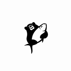 bear carrying a big fish logo, represents a winning time, good food, 
joyness, simple but memorable logo for restaurant and fishing business.