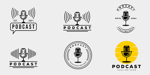 collection podcast company vintage badge logo template vector illustration design. simple hipster microphone, radio, music, on air logo concept - obrazy, fototapety, plakaty