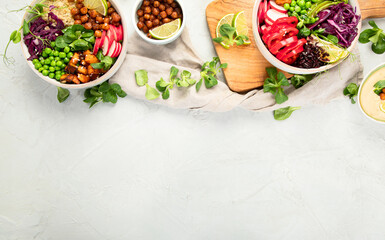 Tasty colorful vegan poke bowl on light gray background.