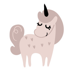 Cute pink unicorn. Standing magic pony from a fairy tale. Animal for design of a nursery for a girl, a holiday or a party. Flat cartoon illustration isolated on white background.