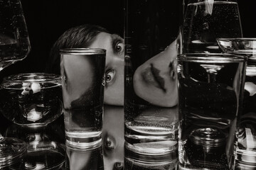 black and white surreal portrait of a man looking through glasses of water