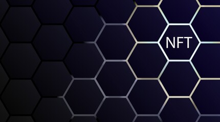 NFT non-fungible token concept on polygonal abstract background. Vector dark banner with hexagon shapes with lights on backdrop and white non fungible token sign. Modern crypto art concept.