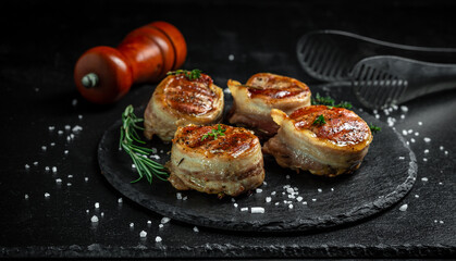 Grilled steak filet mignon wrapped bacon on dark concrete background. banner, menu recipe place for...