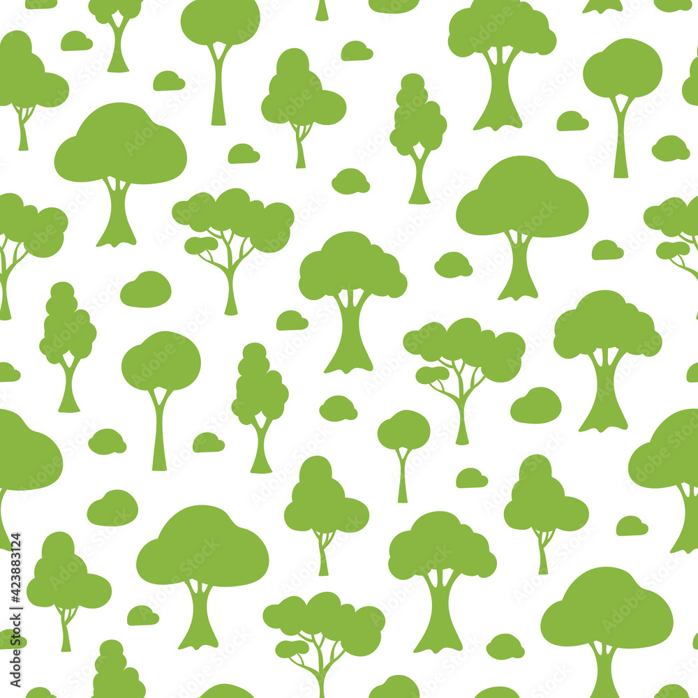 Poster vector seamless pattern with green silhouette cartoon trees on white background. trendy simple desig
