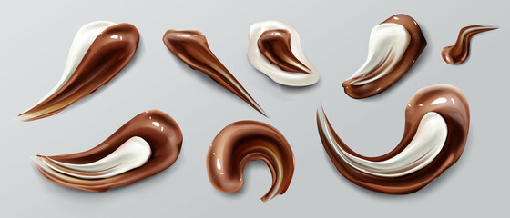 Chocolate strokes, brown white liquid smears, ganache sauce or syrup stains and melt smudges isolated on white background. Sweet food, dark choco traces design elements of realistic texture, 3d vector
