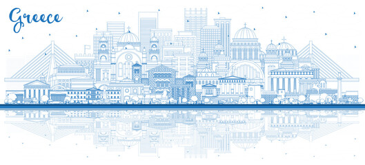 Obraz premium Outline Welcome to Greece City Skyline with Blue Buildings and Reflections.