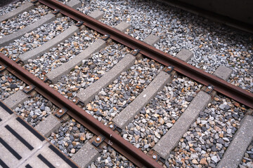 background of iron railroad and concrete railroad sleeper or railway tie.