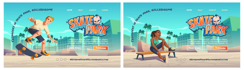 Skate park cartoon landing page with teenager at rollerdrome perform skateboard jumping stunts on pipe ramps. Extreme sport, graffiti, youth urban culture and teen street activity, vector web banner