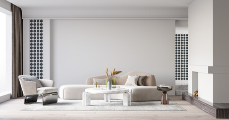 Interior Living Room Wall Mockup - 3d Rendering, 3d Illustration 
