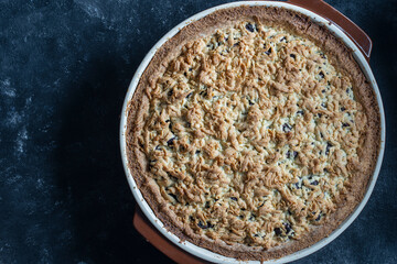 Homemade organic cherry pie dessert ready to eat, close up. Cherry tart