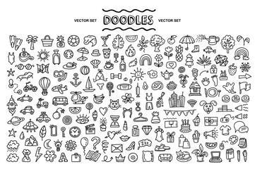 Vector hand drawn set of isolated doodles on the theme travel, tourism, space, fashion, fruits, food, job, nature, transport, business, holidays. Hand drawn icons for use in design