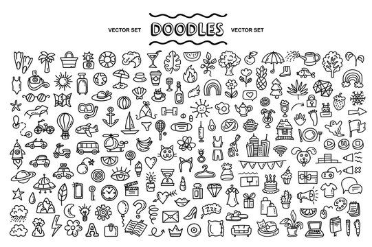 Vector hand drawn set of isolated doodles on the theme travel, tourism, space, fashion, fruits, food, job, nature, transport, business, holidays. Hand drawn icons for use in design