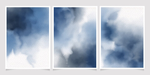 dark blue indigo watercolor wet wash splash invitation card background template collection - obrazy, fototapety, plakaty