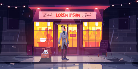 Man found cat in box at rainy weather on street front of night cafe with people inside. Homeless pets adoption, help to animals concept, male character find little friend, Cartoon vector illustration