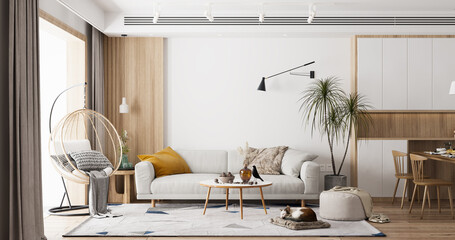 Interior Living Room Wall Mockup - 3d Rendering, 3d Illustration 
