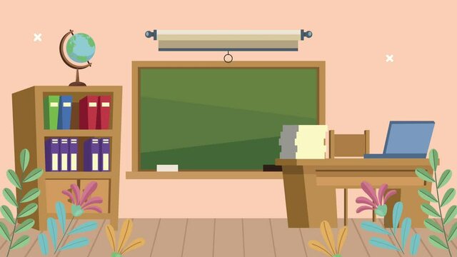 chalkboard with supplies in classroom scene