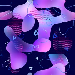 Seamless vibrant lava lamp liquid pattern design for print. High quality illustration. Trendy minimal blob flow gradient design on dark navy blue background. Scattered geometric shape overlay.