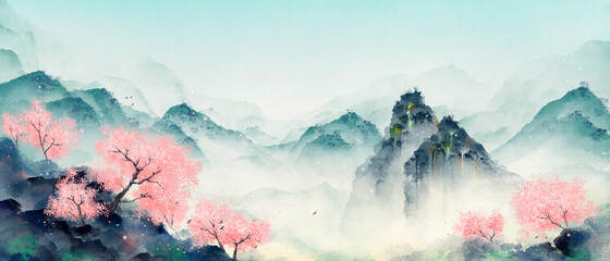 Mountain forest with peach blossoms in spring and summer. Oriental ink landscape painting.
