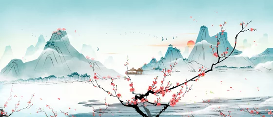 Poster In de lente en zomer staan er perzikbloesembomen in de bergen en bossen. Oosterse traditionele inkt landschapsschilderkunst © oliverzs
