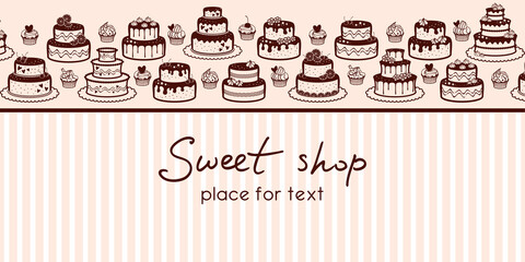Banner with a border of confectionery, cakes, cupcakes and place for text on a pale pink striped background. Vector design template for sweet shop, pastry shop, confectionery, bakery, packaging, flyer