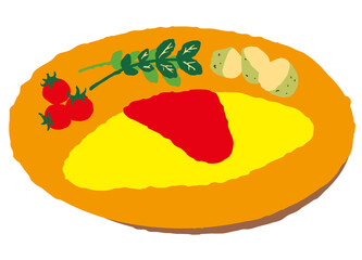 An omelet with tomato ketchup, cherry tomatoes, watercress, and boiled potatoes on an orange plate