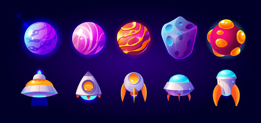 Ufo, spaceships and rockets with planets or asteroids, alien shuttles. Isolated fantasy cosmic objects, computer game graphic design elements, funny space collection, Cartoon vector illustration, set © klyaksun