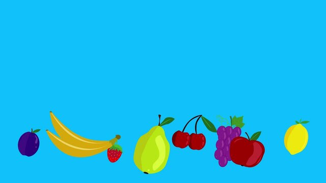 group of fruits animation, blue screen, removable background, chroma key, flat cartoon design