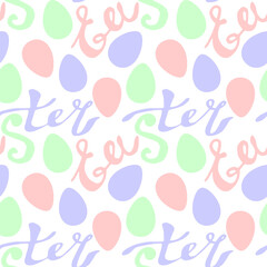 Seamless pattern of Easter lettering and ornamental eggs. Vector pastel multicolor holiday decorations, backgrounds and textures. For fabric, textile, wrapping paper, packaging