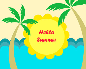 Greeting card with summer landscape of palm trees, sea and hot sun.