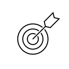 Arrow at target thin line icon in black. Successful shot in the darts. Flat style isolated symbol, used for: illustration, minimal, logo, mobile, app, emblem, design, web, site, ui, ux. Vector EPS 10