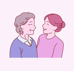 The old mother and the young daughter are standing face to face. hand drawn style vector design illustrations. 