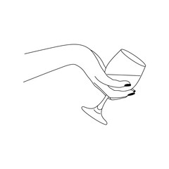 Woman's Hand Holds a glass of Wine in a minimalistic style . Vector Fashion Illustration of the female body