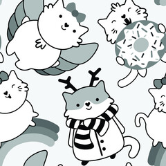 Vector seamless pattern with cute cats, funny kawaii cats. Perfect for Nursery kids, greeting card, baby shower girl, fabric design.