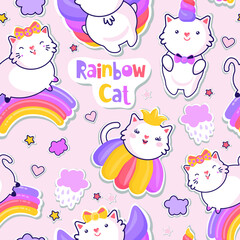 Vector seamless pattern with cute cat and rainbows, funny kawaii rainbow cats. Angel and princess. Perfect for Nursery kids, greeting card, baby shower girl, fabric design.