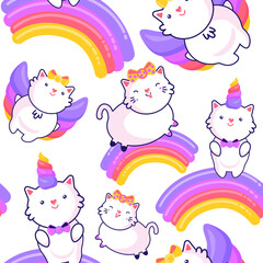 Vector seamless pattern with cute unicorn cat or caticorn, funny kawaii cats with unicorn horn and tail background. Perfect for Nursery kids, greeting card, baby shower girl, fabric design.