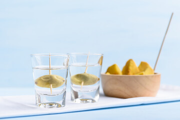 Refreshing alcohol drink with pickled fruit   for party in summer season