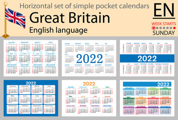 English horizontal pocket calendar for 2022. Week starts Sunday