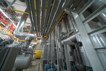 Ceiling of Industry factory. Chiller tower or cooling tower in building. System work machine....