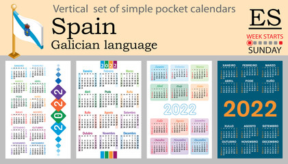 Galician vertical pocket calendar for 2022. Week starts Sunday