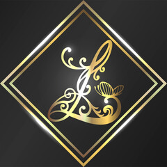 Luxurious golden letter L in vintage style on black background.