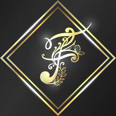 Luxurious golden letter F in vintage style on black background.
