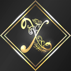 Luxurious golden letter X in vintage style on black background.