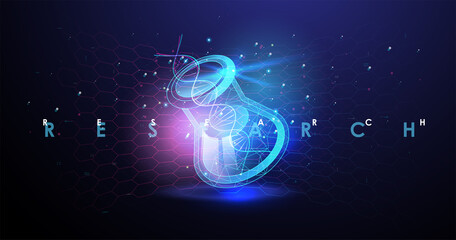 Molecular engineering vector concept. Science medical concept. Futuristic background with glowing chemical flask.