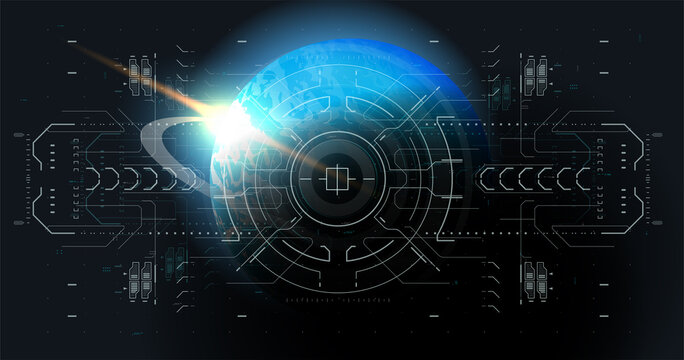 Head-up User Interface. Dashboard spaceship in HUD Style. Modern background with Tech elements. Abstract technology communication. Vector high-tech Template. Science fiction Illustration.