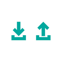blue thin arrow up in box arrow down. flat icons set isolated on white. point down button. south sign.
