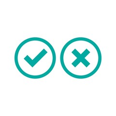 Set of check mark icons. squared blue tick and cross in circle.