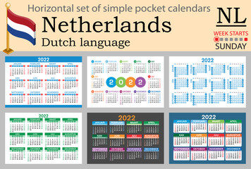 Dutch horizontal pocket calendar for 2022. Week starts Sunday