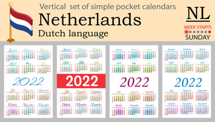 Dutch vertical pocket calendar for 2022. Week starts Sunday