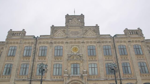 Old university architecture exterior facade push in forward camera movement Polytechnic Institute Kyiv Ukraine